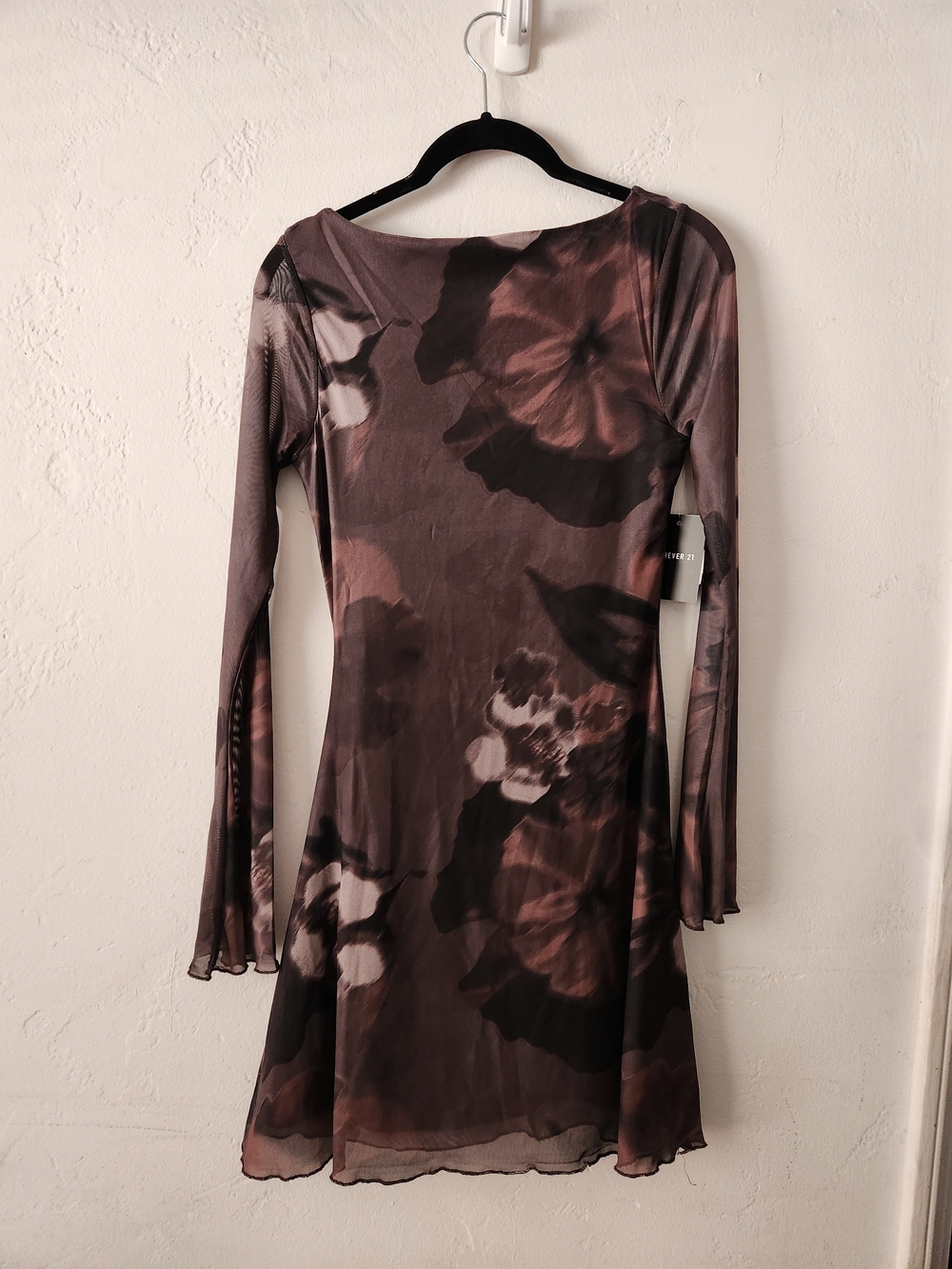 Forever 21 Brown and Black Long-Sleeve Floral Tie-Back Dress